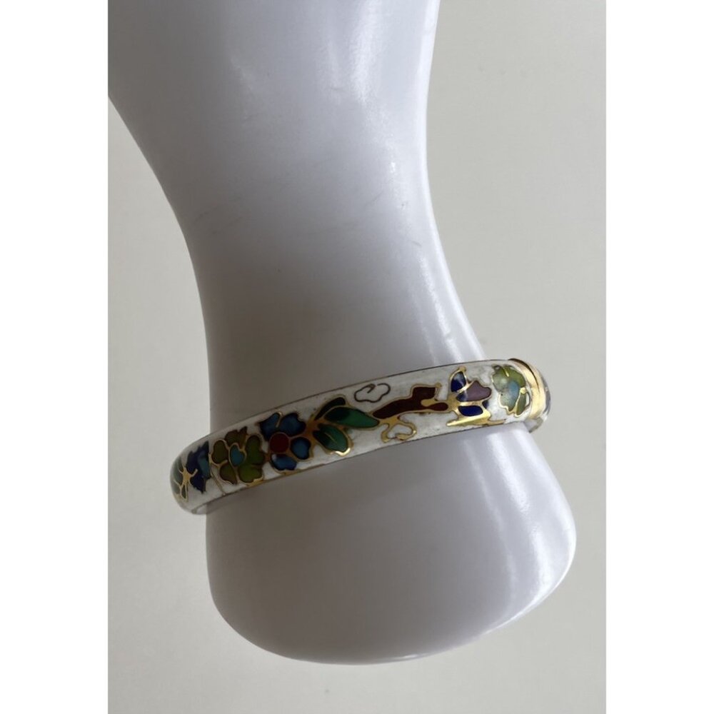 Vintage White Enamel Cloisonné Floral Blue Multi Color Hinged  Bangle Sz 7.5” - Picture 9 of 14
